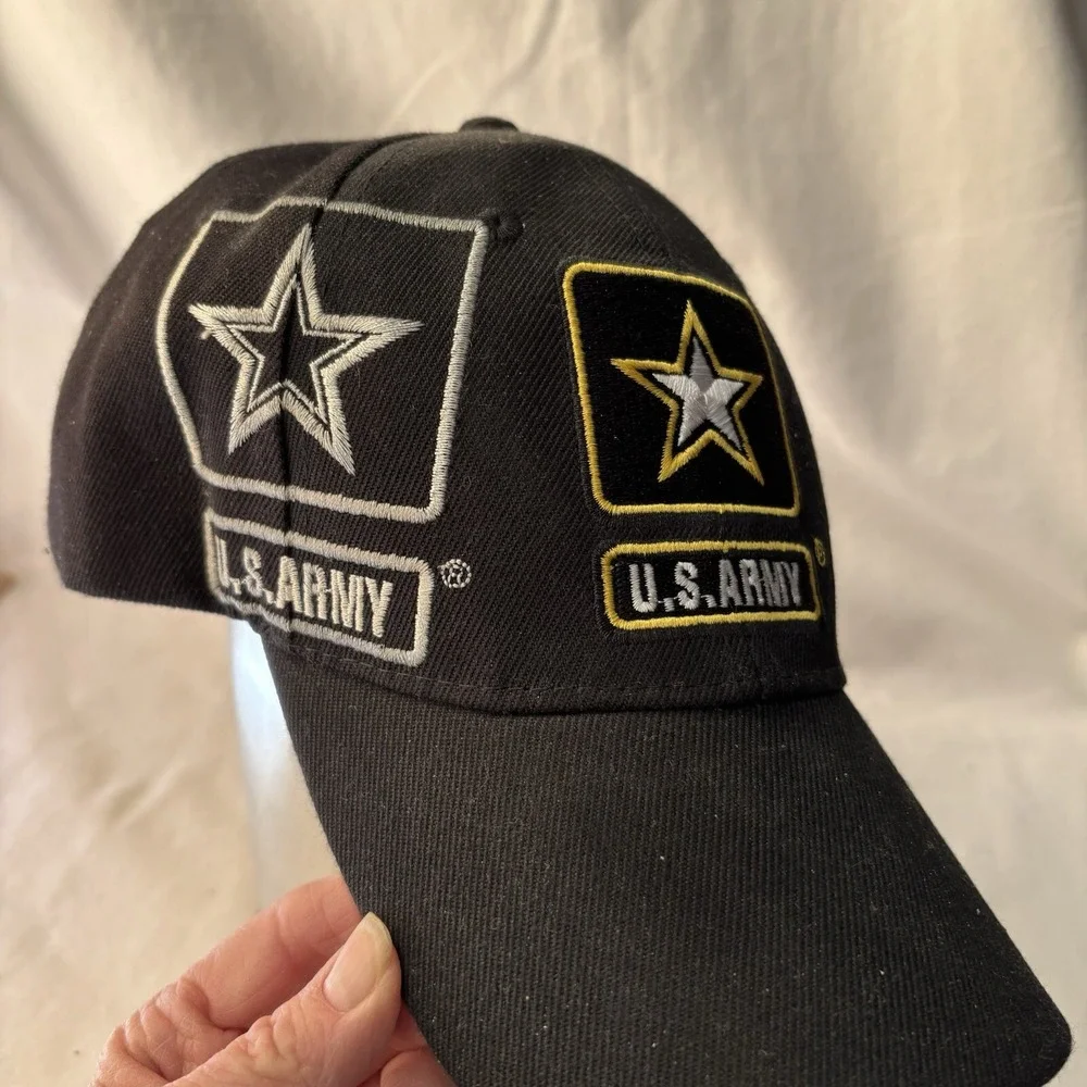 US Army Stitched Stars Hat Cap Hook Loop Back Black Silver Gold